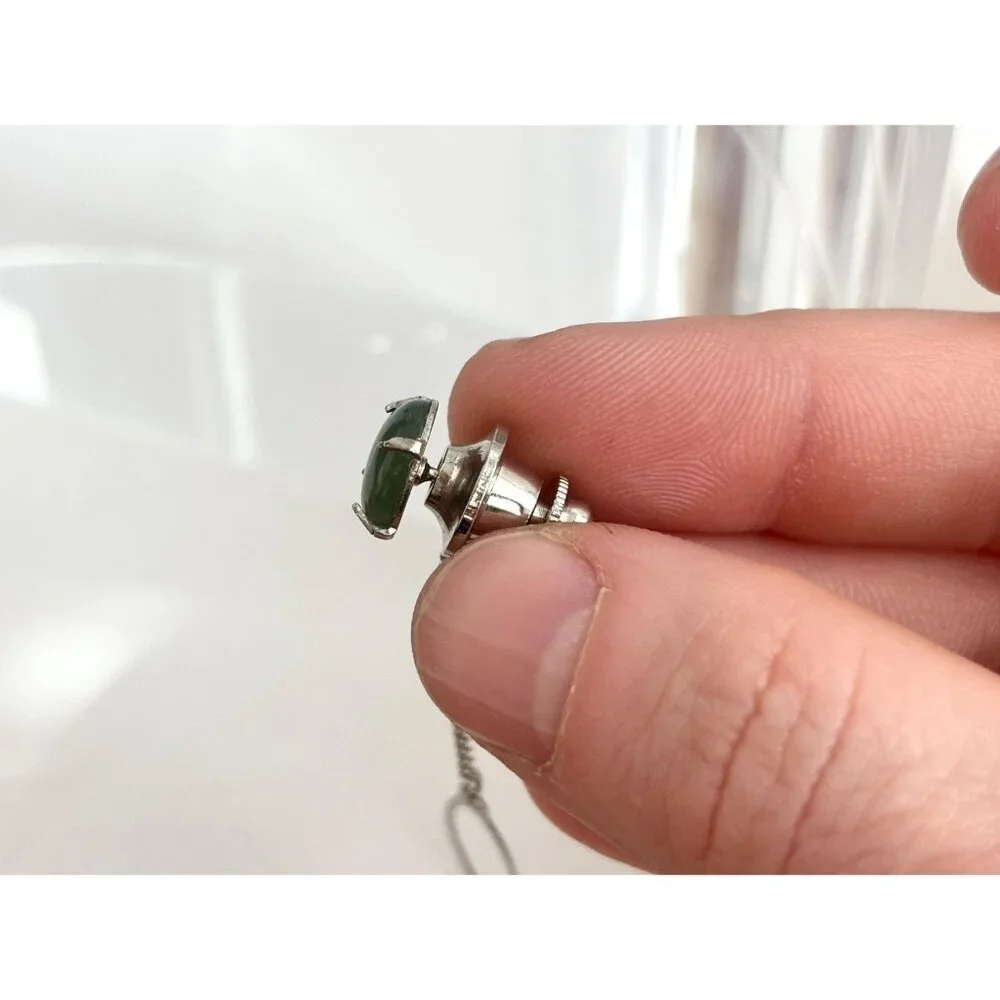 Faux Jade Stone Silver Toned Vintage Men's Tie Tack